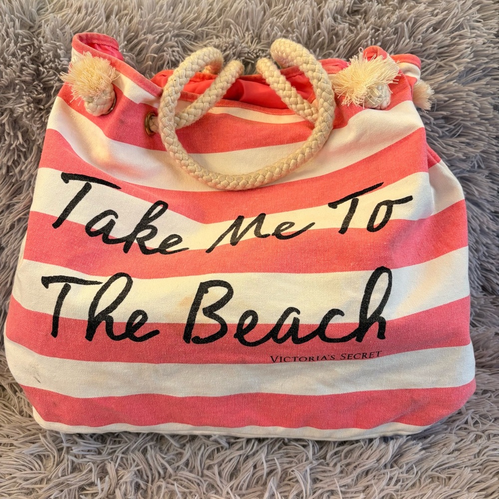 VICTORIA'S SECRET Pink & White Striped, Lined Beach Bag